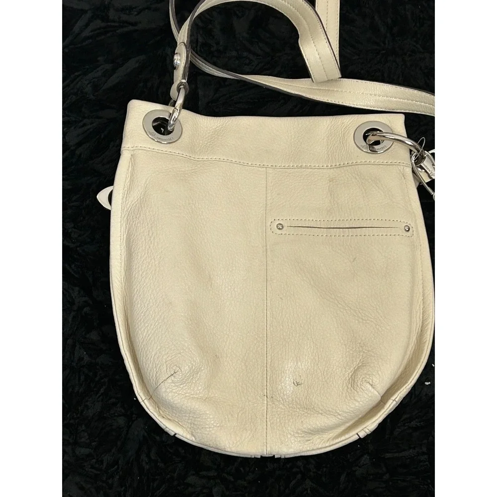 B Makowsky Beige Chartreuse Leather Crossbody Bag Silver Buckle and Keychain